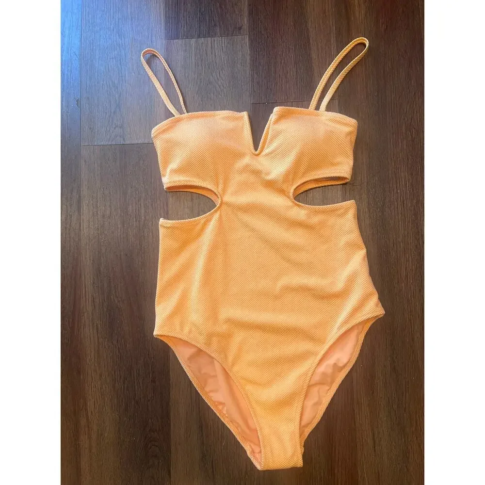 Aerie Shine Pique V-Wire Cut-Out One Piece Swimsuit Peach Orange Textured M NWT